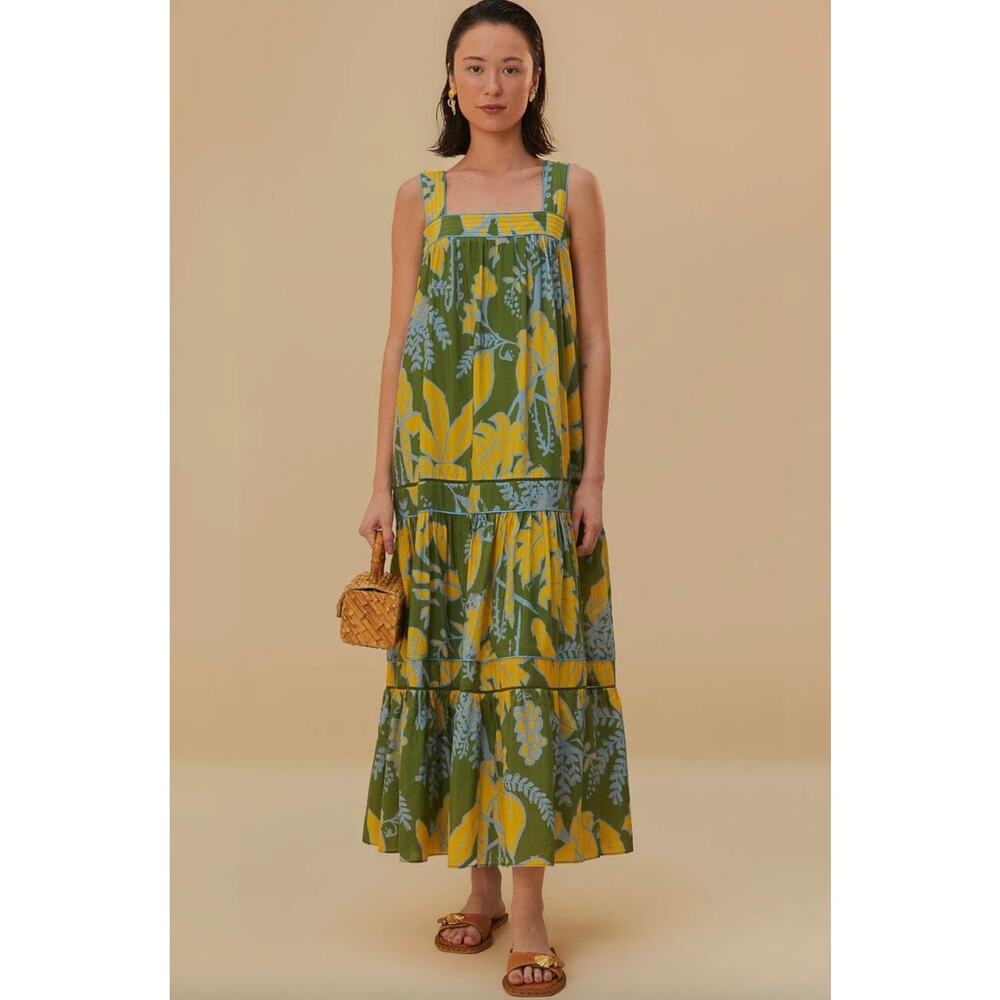 Farm Rio Green Foliage Sketch Sleeveless Maxi Dress